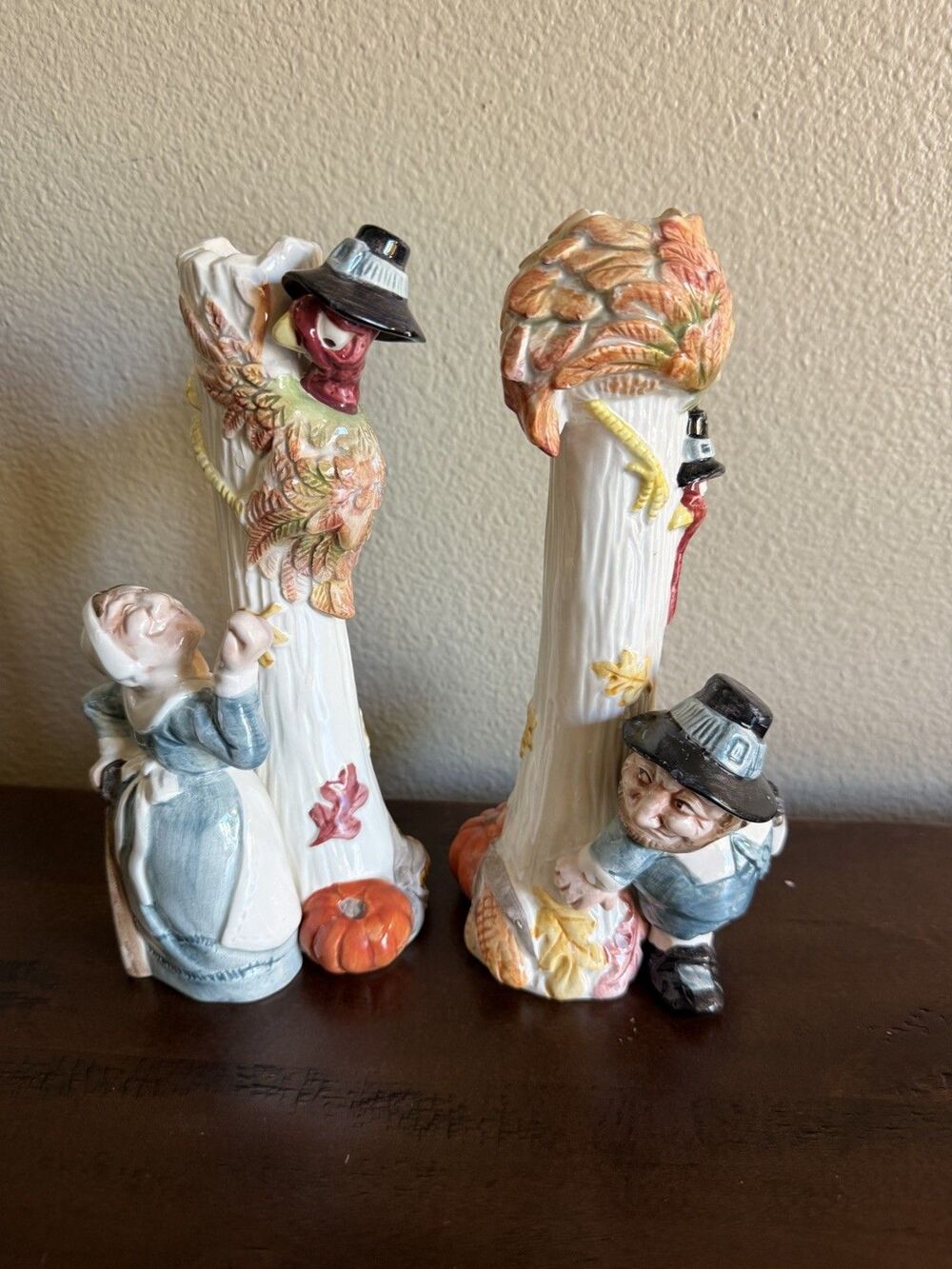 Fitz and Floyd Pilgrim Turkey Thanksgiving Autumn Candlesticks Pair Humor 8 1/4"
